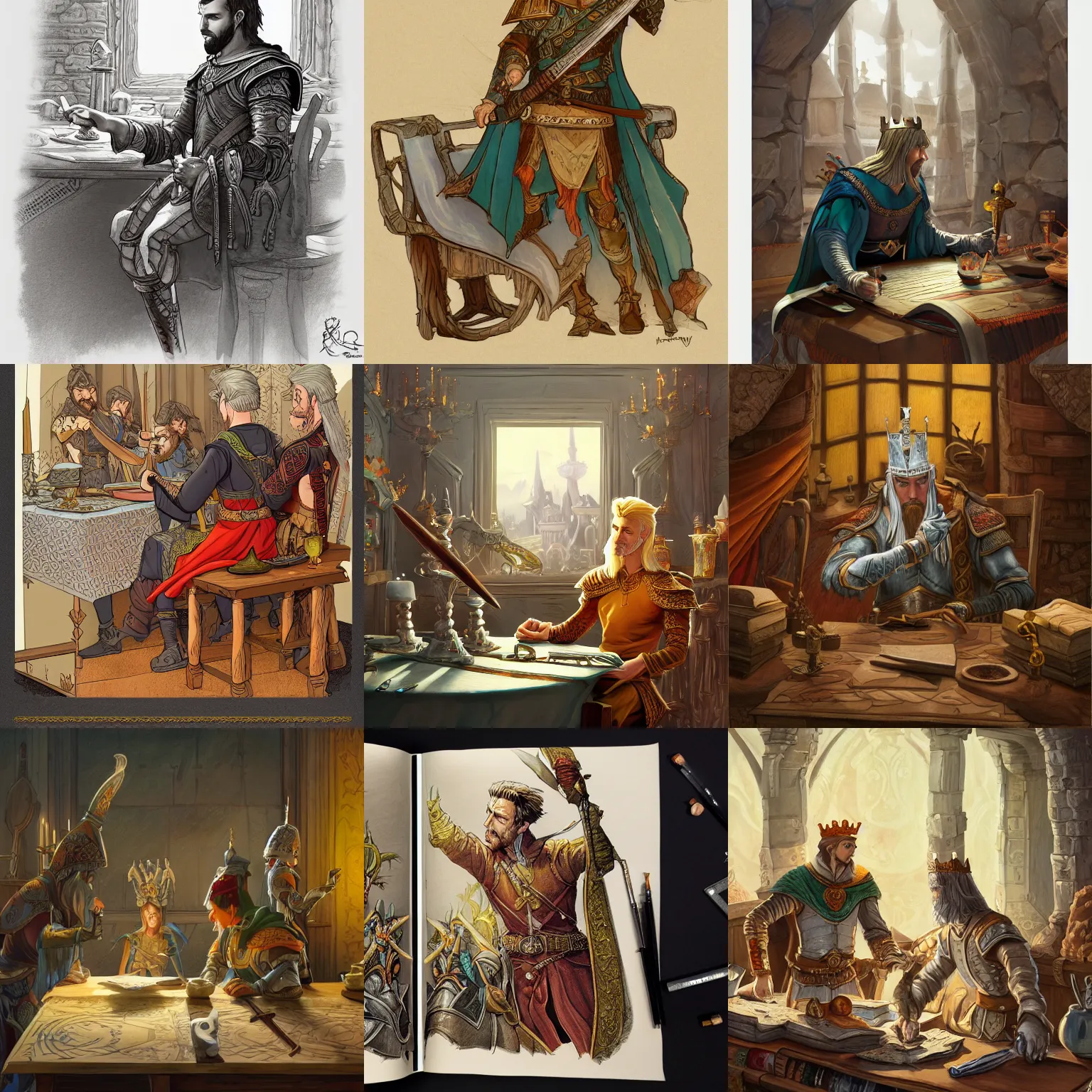 Prompt: highly detailed 2 d traditional book illustration, gouache inspired, contourless, cell shaded, high fantasy character design of [ [ [ king arthur ] ] ] leaning over a table, by eldar velikhanov, adam lee and walt disney, trending on artstation, sharp focus, octane render, 4 k