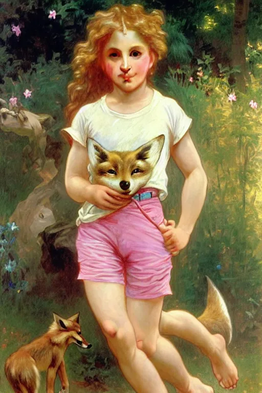 Image similar to a seven - year old with long curly dirty blonde hair, blue eyes, tan skin a pink tee shirt and shorts, playing with foxes, painting by daniel gerhartz, alphonse mucha, bouguereau, detailed art, artstation