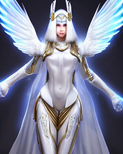 Image similar to perfect white haired attractive egyptian goddess with huge white dove wings, warframe armor, beautiful, symmetric, dreamy, half asian, pretty face, blue eyes, detailed, scifi platform, laboratory, experiment, 4 k, ultra realistic, epic lighting, android body, illuminated, cinematic, masterpiece, art by akihito tsukushi, voidstar