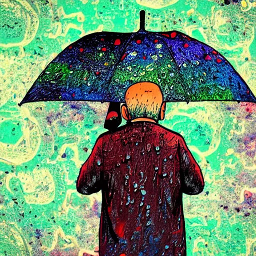 Prompt: an umbrella covering an old man in the acid rain, psychodelic