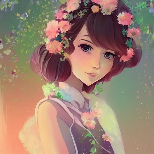 Prompt: a pretty girl with flowers in her hair, wearing a flowing dress, forest background, anime key visual, lois van baarle, ilya kuvshinov, rossdraws, artstation