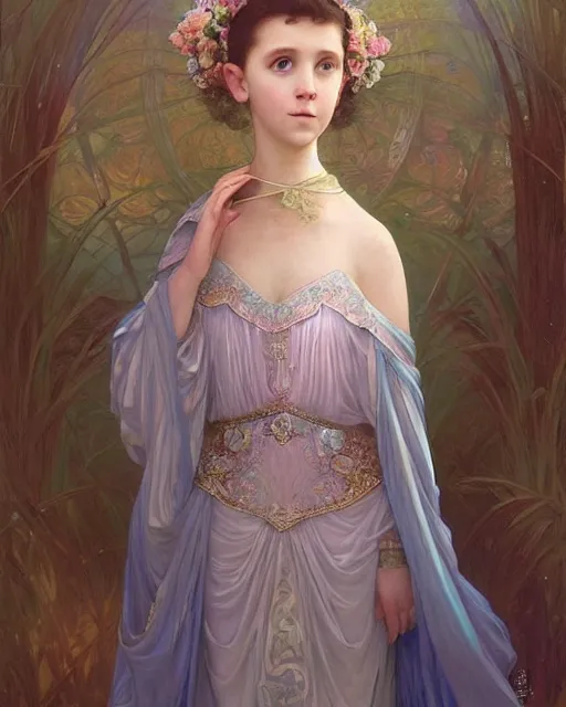 Prompt: a beautiful portrait painting of a shy, blushing princess in a tiara and an iridescent art nouveau gown resembling 1 4 - year old millie bobby brown watching the lantern festival, intricate, elegant, highly detailed, digital painting, artstation, concept art, by krenz cushart and artem demura and william adolph bouguereau and alphonse mucha