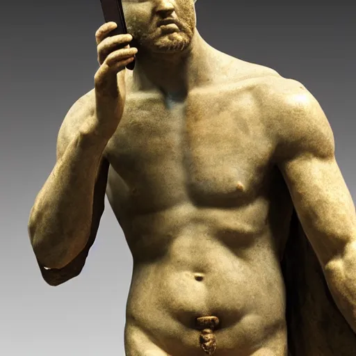 Image similar to An ancient roman sculpure of a man holding a phone, realistic, ultra high detail, 8k.