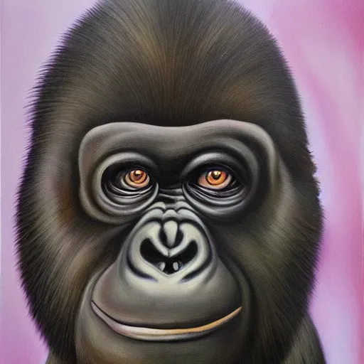 Prompt: haunted surrealist painting of a gorilla, landscape background, oil painting