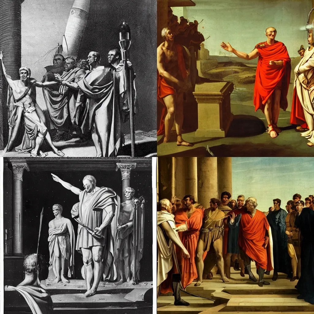 Prompt: Julius Caesar watches the launch of the first Roman space rocket,