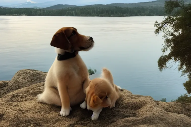 Prompt: a puppy is looking directly at the water below them while they stand at an edge