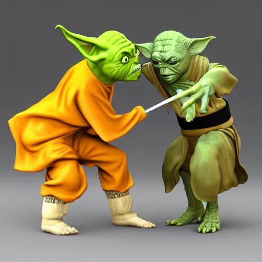 Image similar to 3 d render yoda kissing naruto uzumaki