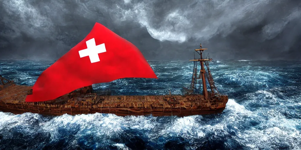 Image similar to a wooden big ship in the middle of the sea during a storm, turbulent sea, high coherence, highly detailed, high quality, 8 k, dramatic lighting, cinematic, epic scene, path traced, hyperrealistic, concept art, octane render, unreal engine 5, trending on artstation, a red cross in the ship flag, high contrast