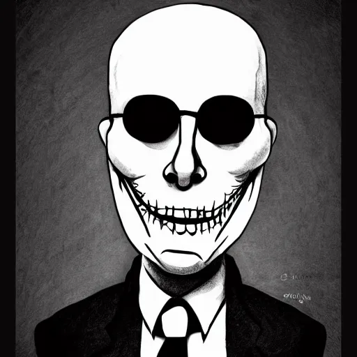 Image similar to grunge drawing of Klaus Schwab in the style of jack skellington and Jacob Shaw,creepy, surreal, trending on artstation, bold and vivid colour