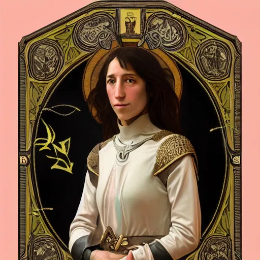 Image similar to portrait of charlotte gainsbourg as joan of arc, hyperreal digital painting, iconography influenced by alphonse mucha and eugene delacroix, arstation and deviantart trends, high resolution 8 k