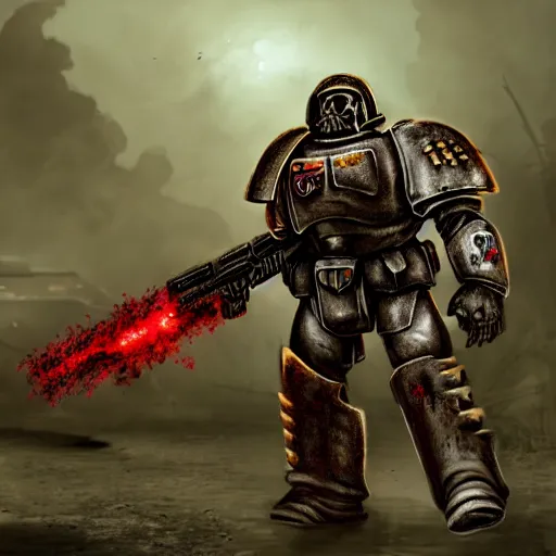 Image similar to heavy armor soldier wearing space marine like armor but in real life, walking in a river of blood full of human bloody dead bodies and human parts, shooting with his gun, explosions in background, painting style