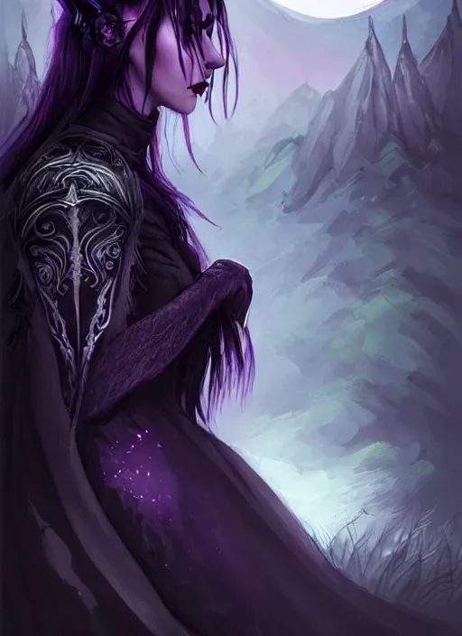 Image similar to moon in the background, side portrait dark witch!!!!!!!!!!, adventurer outfit large cloak, fantasy forest landscape, dragon scales, fantasy magic, undercut hairstyle, short purple black fade hair, dark light night, intricate, elegant, sharp focus, illustration, highly detailed, digital painting, concept art, matte, art by WLOP and Artgerm and Greg Rutkowski and Alphonse Mucha, masterpiece