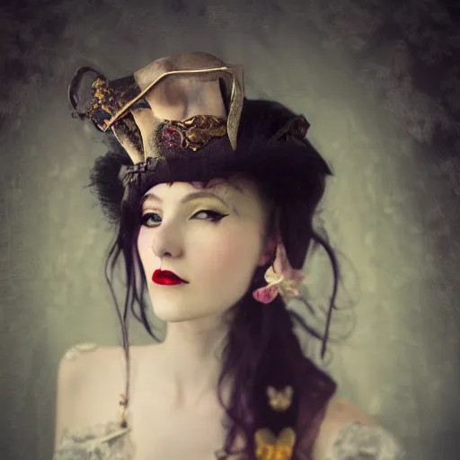 Image similar to A beautiful portrait of a lady vampire, steampunk, photography, 35mm, soft light, cinematic, klimt