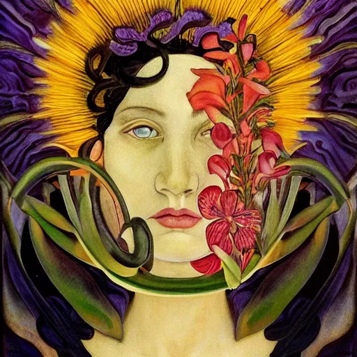 Image similar to a masterpiece painting of a facemask made of stylized flowers, by evelyn de morgan and diego rivera and john watkiss and annie swynnerton, art deco shaman, art brut, symbolist, dramatic cinematic lighting, god rays, iridescent beetles, clean crisp graphics, smooth sharp focus, extremely detailed