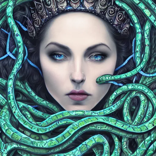 Image similar to detailed portrait of the queen of snakes, realism, pale blue, emerald, sapphire, wearing a crown of vines, nest of vipers, moonlit, dark fantasy, dramatic lighting, cgsociety, artstation