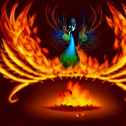 Prompt: in the lower part of the picture is the harp burning in the fire, above are peacock flying in flames, digital painting, concept art