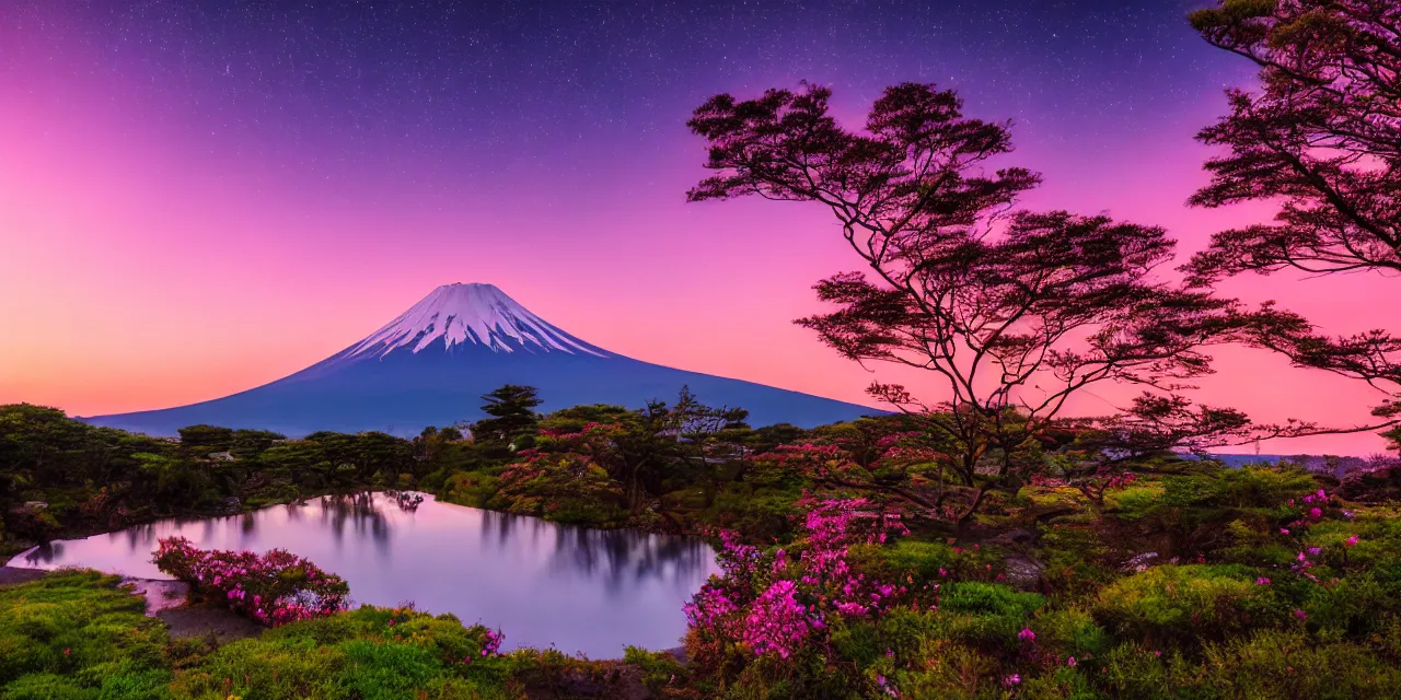 Prompt: a pink sunset with mt fuji, eucalyptus trees, stars in the sky, waterfall, pond, hilly meadows with flowers, cinematic lighting, hd 4 k photo