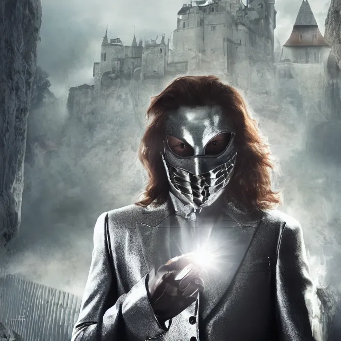 Image similar to cinematic movie, background is castle and steps, s man with a silver iron mask, with silver wavy long hair, black suit, 4 k