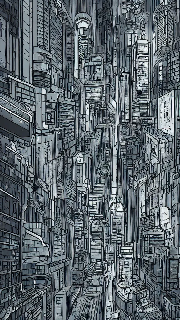 Image similar to detailed cyberpunk graphic novel style 3 point perspective view of a future city