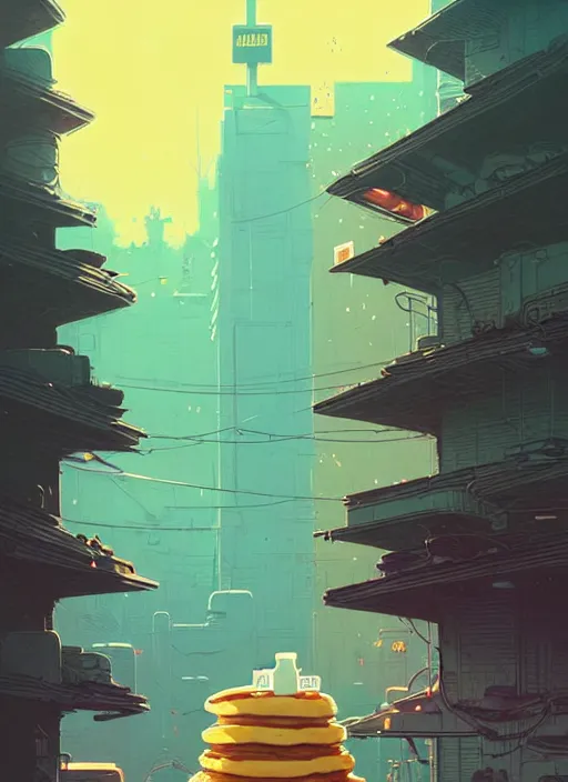 Image similar to highly detailed portrait of a huge stack of pancakes by atey ghailan, james gilleard, by joe fenton, by greg rutkowski, by greg tocchini, by kaethe butcher, 4 k resolution, gradient yellow, black, brown and cyan color scheme, grunge aesthetic!!! ( ( dystopian graffiti tag wall in background ) )