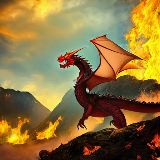 Image similar to photo of read fire breathing dragon under a mountain