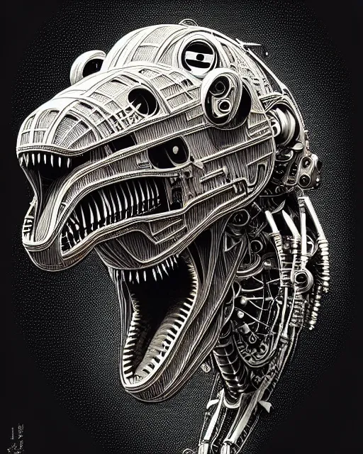 Image similar to intricate mechanical robot trex dinosaur head, transformer, symmetrical illustration, bold line symmetrical illustration by peter gric, hr giger, kim jung gi, joe fenton, scifi, screen print, trending on art station, sharp, high contrast, ultrafine hyper detailed, hd,