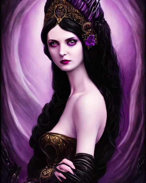 Image similar to a beautiful image of a young woman, Liliana Vess the last hope, dark enchantress, long flowing black hair, ornate headdress, Victorian purple and black elegant costume, young female face, cinematic top lighting, insanely detailed and intricate, face by wlop, Charlie Bowater, golden ratio, symmetric, elegant, ornate, luxury, elite, matte painting, cinematic, LIliana character from MTG, Magic the Gathering, trending on artstation, deviantart and cgsociety, 8k, high resolution