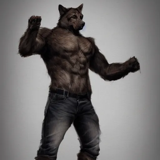 Prompt: a humanoid german shepherd beast - man, puts on jeans, artstation, concept art, smooth, sharp foccus ilustration, artstation