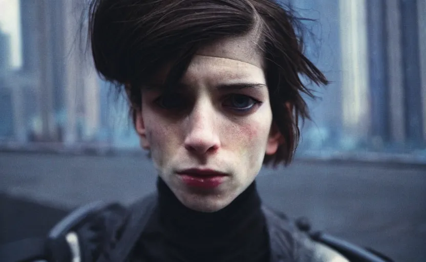 Image similar to cinestill 5 0 d candid photographic portrait by helen levitt of a feminine male android wearing black techwear on a brutalist dystopian spaceship, extreme closeup, modern cyberpunk moody emotional cinematic, liminal, 8 k, hd, high resolution, 3 5 mm, f / 3 2, ultra realistic faces, ex machina