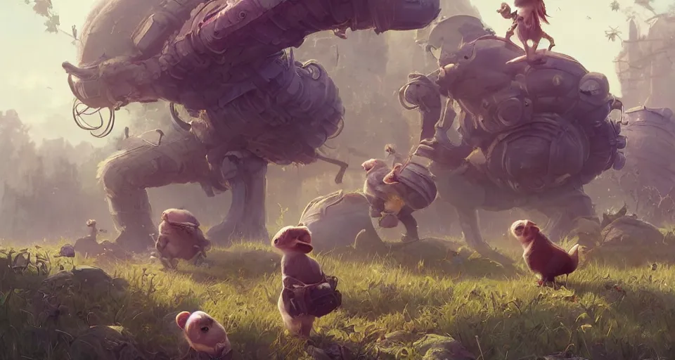 Image similar to ultra realistic cute guineapigs everywhere, by simon stalenhag, frank frazetta, greg rutkowski, beeple, yoko taro, christian macnevin, wlop and krenz cushart, epic fantasy character art, volumetric outdoor lighting, midday, high fantasy, cgsociety, cheerful colours, full length, exquisite detail, post - processing, masterpiece, cinematic