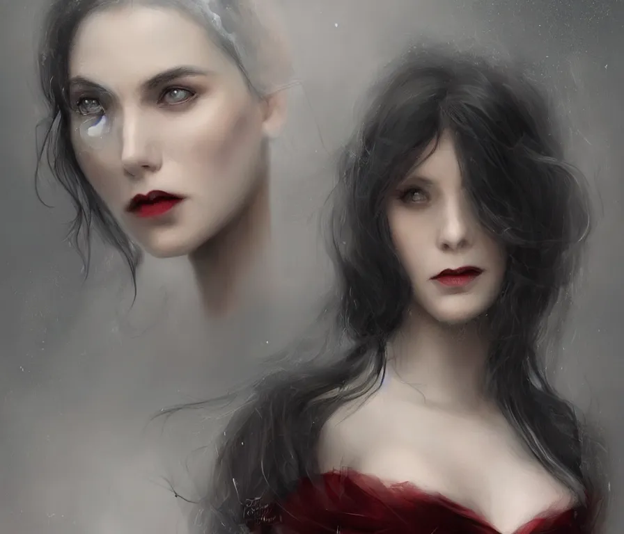 Image similar to a photorealistically painted portrait of lady vampire!!!!, dressed in a suit, perfect face!!!, beautiful eyes!!, digital painting, concept art, minimal artifacts, volumetric lighting, Artgerm and William-Adolphe Bouguerea, in the style of Tom Bagshaw, cinematic!!, stunning!, trending on Artstation!, award winning art!!!