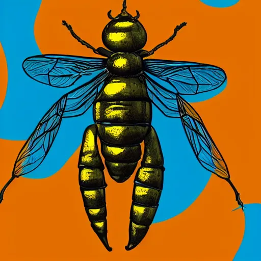 Image similar to human man that resembles a wasp morh in surreal sketch style, blue and yellow gradient, noise, ultrafine detail, hd 8k, logo illustration