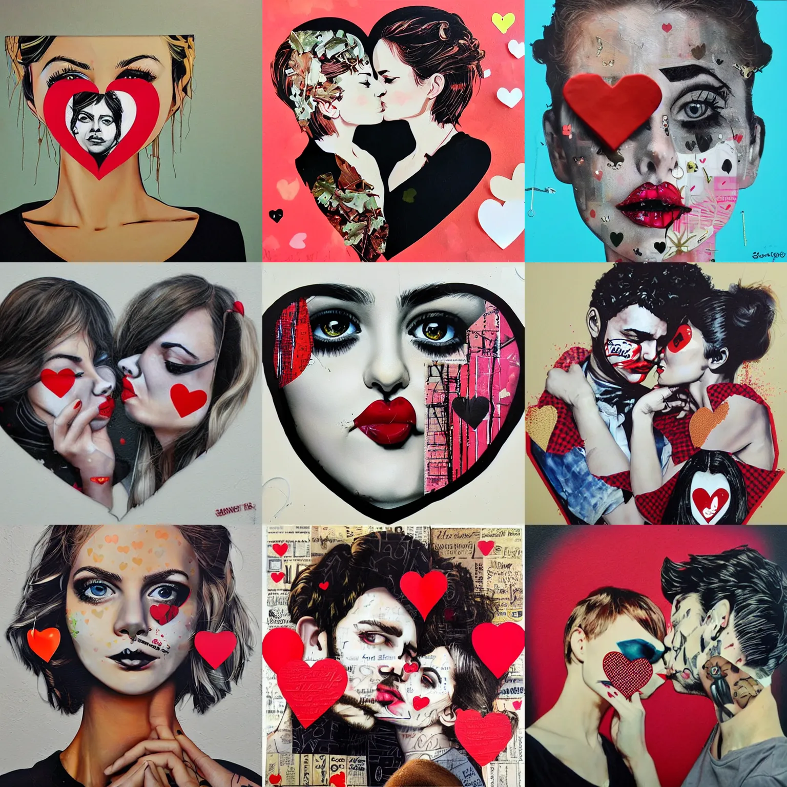 Prompt: a heart shaped kiss, mixed media montage by sandra chevrier