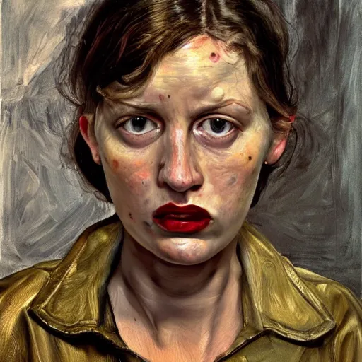 Prompt: high quality high detail painting by lucian freud, hd, angry brunette girl portrait, photorealistic lighting