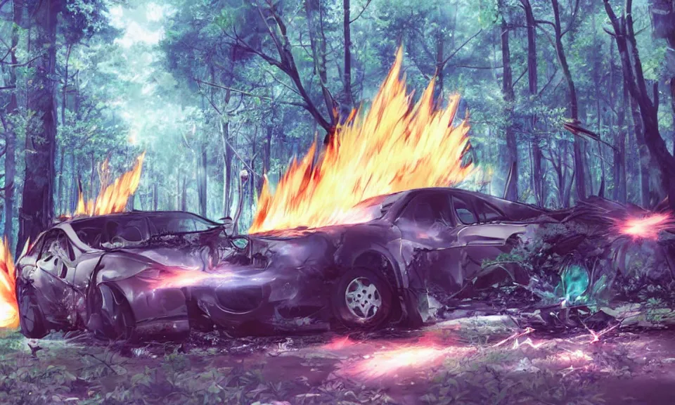 Image similar to a car exploding in a forest, anime style, highly detailed