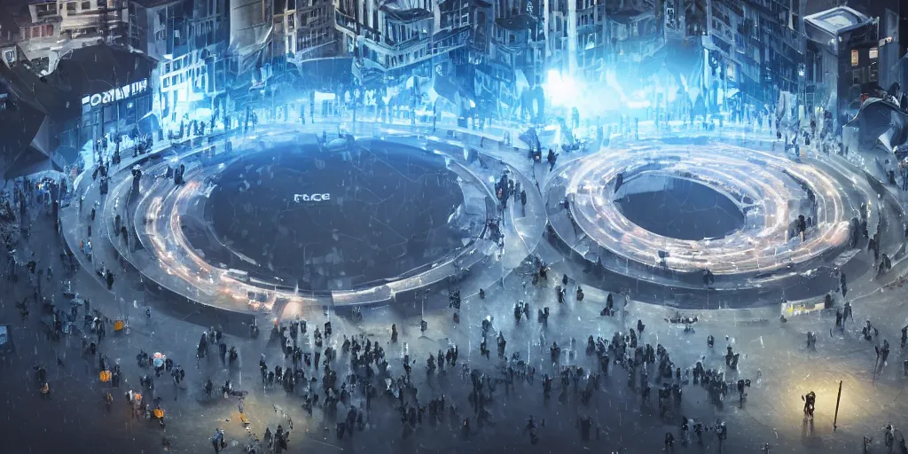 Image similar to policemen protect a huge spiral - shaped luminous object right in the center of the city from protesting people, night, rain and light fog, professional lighting, concept art in 3 d, high detail, professional lighting