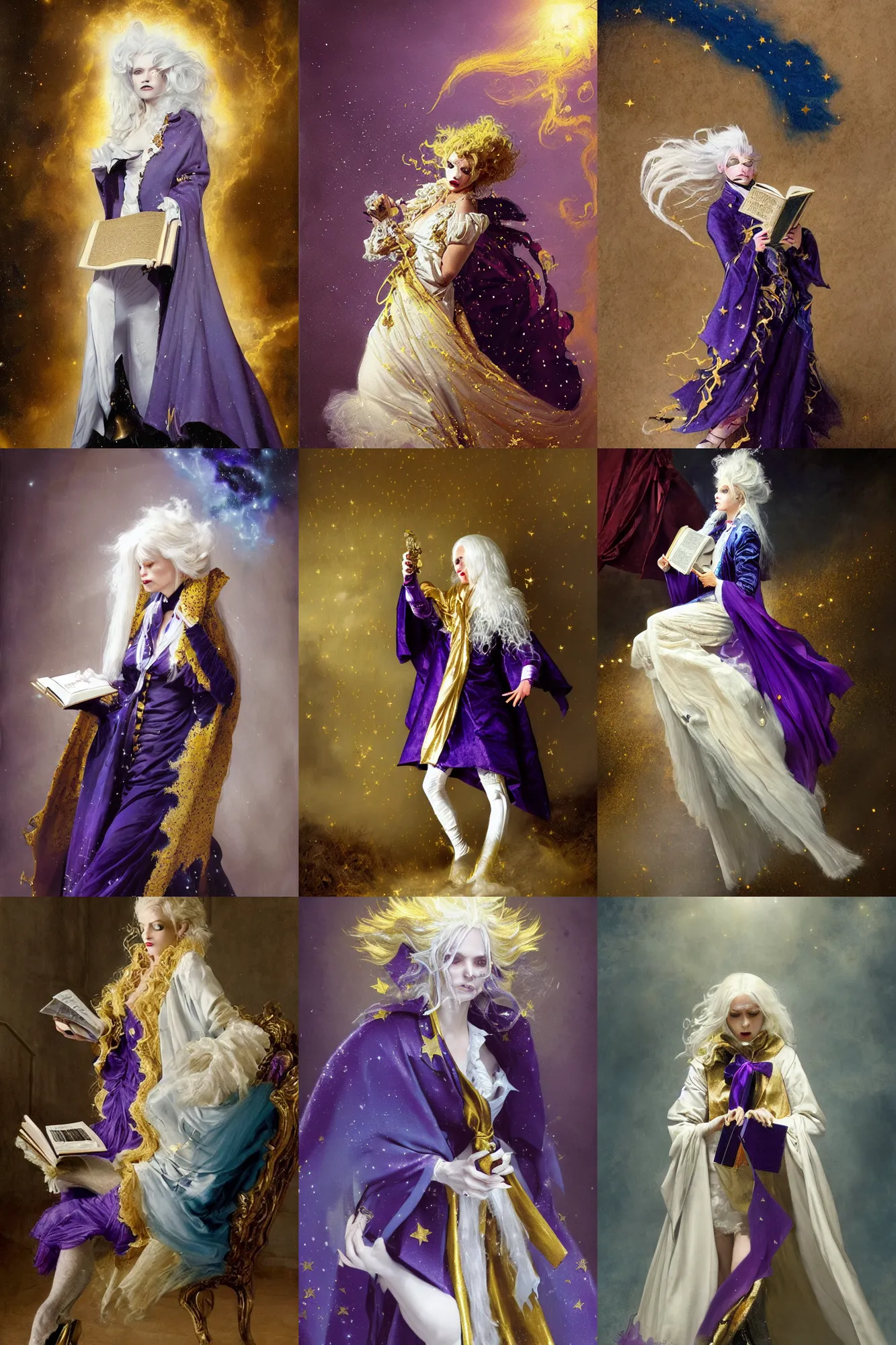 Prompt: a vampire with long light white hair and a gold scarf, windy, blue ribbons, purple torn cape, stars, melancholic, modern maximalist fashion dress, is ( ( holding a magical book ) ). light dust, magnificent, hyperdetailed, theatrical, painted by jean honore fragonard and greg rutkowski