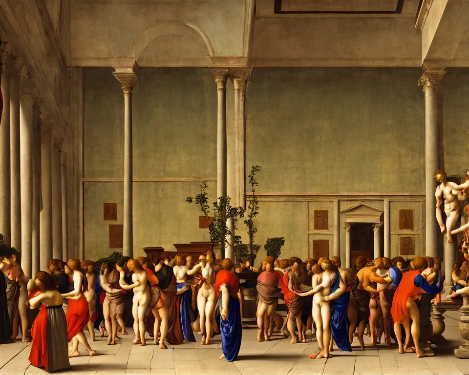 Prompt: an achingly beautiful print of the interior of the Uffizi gallery teeming with vibrant paintings, classical antiquities, and plants in amphorae by Raphael, Hopper, and Rene Magritte. detailed, romantic, enchanting, trending on artstation.