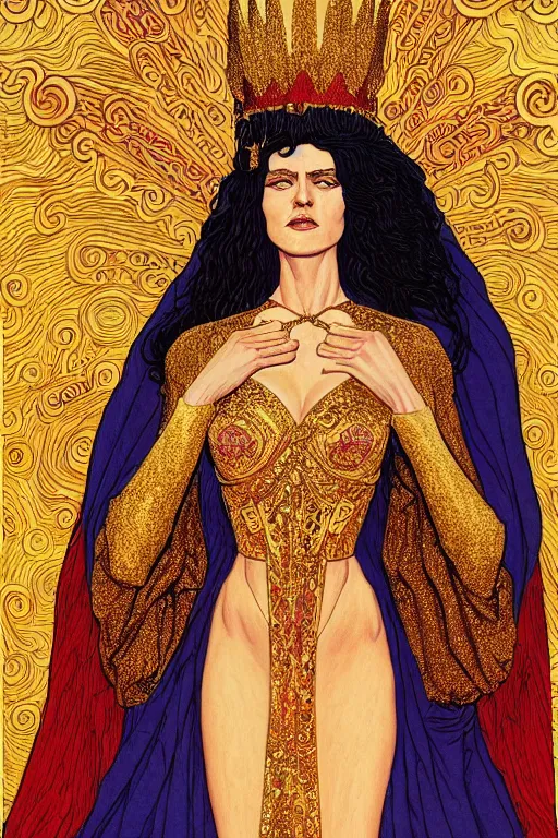 Image similar to Portrait of historically accurate, ancient biblical, sultry, sneering, evil, pagan, wicked, queen jezebel, wearing gilded robes, long hair, intricate, elegant, highly detailed, masterpiece, illustration, art by Jean Giraud, highly detailed, trending on artstation, award winning