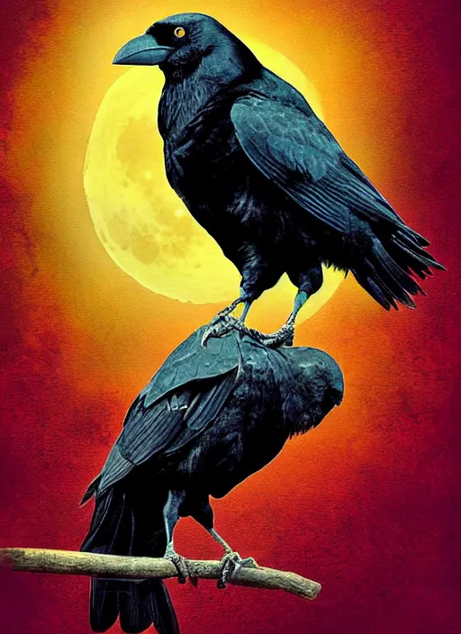 Image similar to book cover, crow in front of the full big moon, realistic colors, digital art