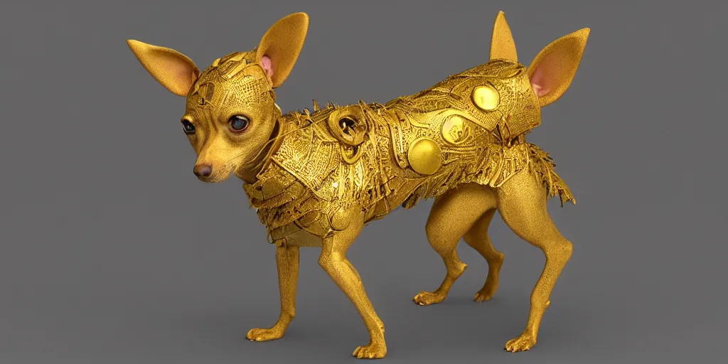 Image similar to humanoid Chihuahua pinscher mix in golden ornamented armor, ears, white particles, dark souls style, Fantasy Style, cinematic light, 35mm camera lens, with ZBrush, by Zdzislaw Beksinski