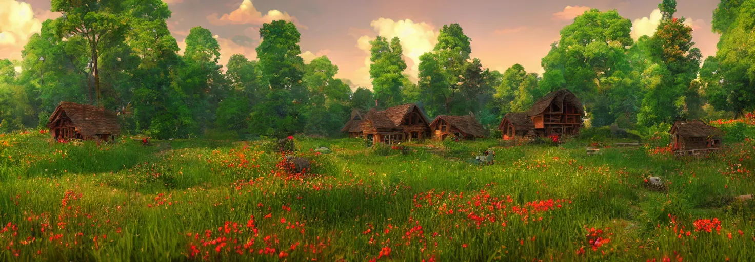 Image similar to a beautiful forest meadow village landscape flowers, crimson - black beehive, happy trees, photorealistic, octane render, rtx, hdr, unreal engine, digital art widescreen 8 k in the style of studio ghibli and bob ross and pixar and bee movie