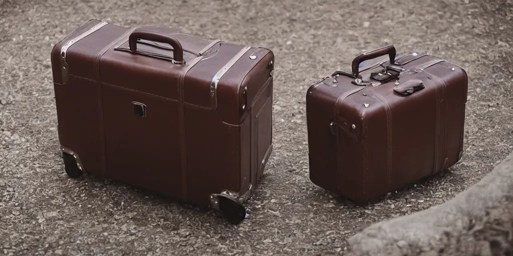 Image similar to a brown leather suitcase that carries a small time machine, cinematic, 8 5 mm lens, shot on arri alexa