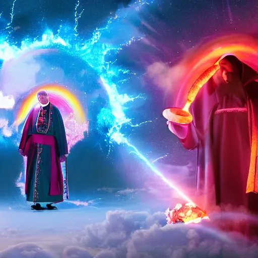 Image similar to Pope John Paul 2 rips fat bong during Arctic bloody sunset, eteric rainbow blazingly glowing fireballs flying around him in circles, high quality, digital painting, high detail, dynamic pose, octane render, hyper realism, cinematic