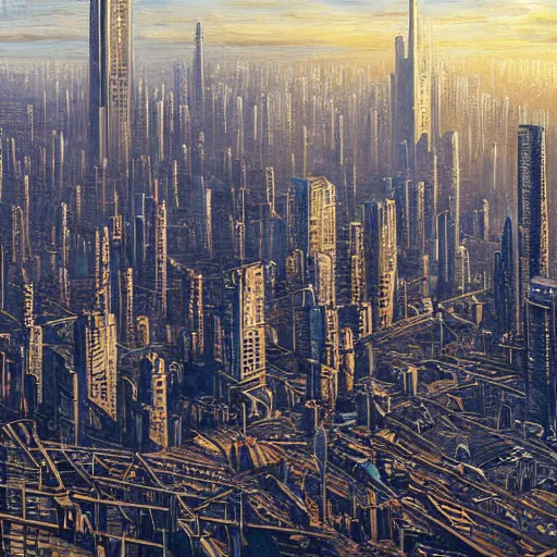 Prompt: the skyline of a dystopian city, highly detailed painting