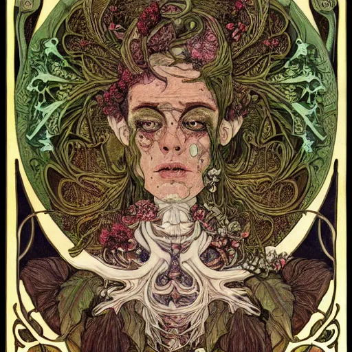 Image similar to a beautiful detailed front view portrait of a rotten woman corpse with fractal plants and fractal flowers and mushrooms growing around, symmetrical, ornate, ornamentation, illustration, in the style of art nouveau, mucha