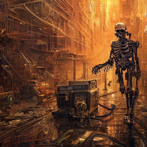 Image similar to a golden cyberpunk skeleton with highly detailed and intricate electric eyes, by android jones and greg rutkowski, Trending on artstation, hyperrealism, elegant, stylized, highly detailed digital art, 8k resolution, hd, global illumination, radiant light, detailed and intricate cyberpunk ghetto environment, rendered in octane, oil on canvas, wide angle, dynamic portrait