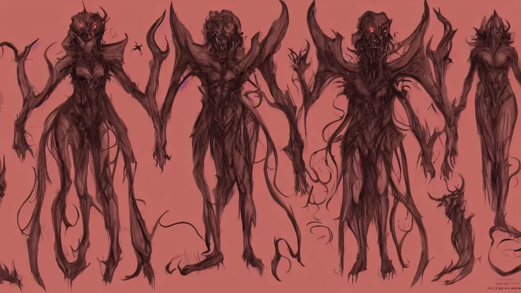 Prompt: a hazy shape shifting demonic spirit with red eyes character design sheet, trending on artstation