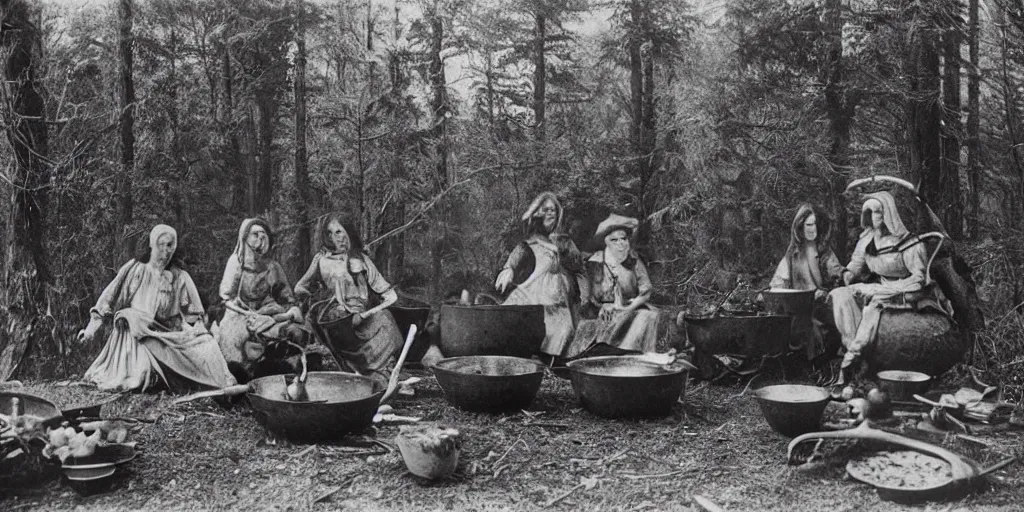 Prompt: witches around a campfire with a huge cooking pot in an ominous forest, 1 9 0 0 s photography
