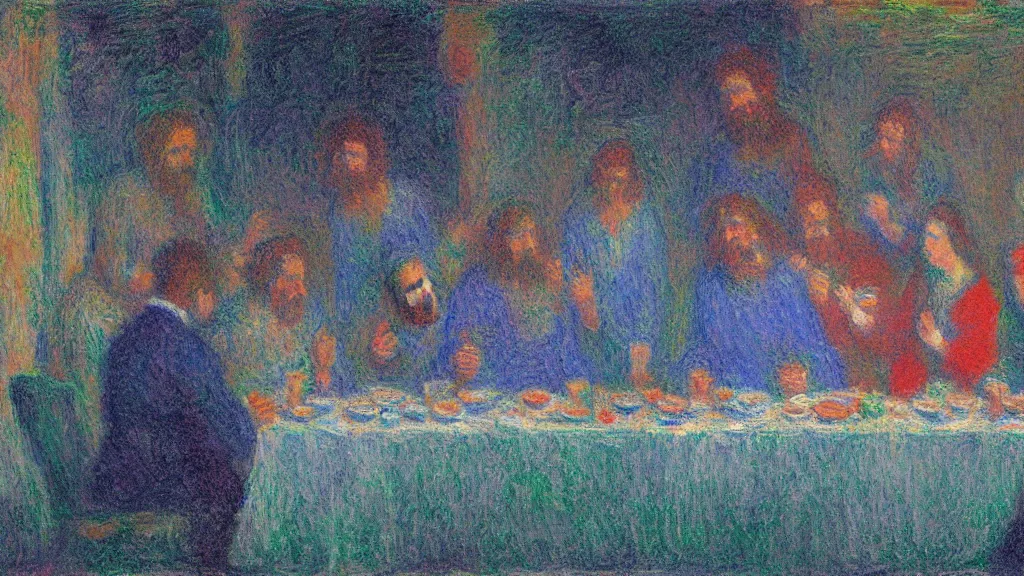 Prompt: the last supper in space in the style of claude monet, digital art.